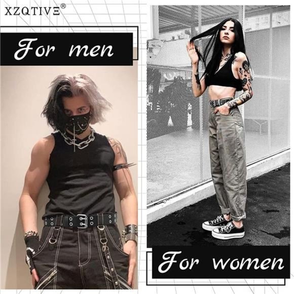 XZQTIVE Double Grommet PU Leather Belt Punk metal Jean Belt Wide 1.5 Inch main image 5